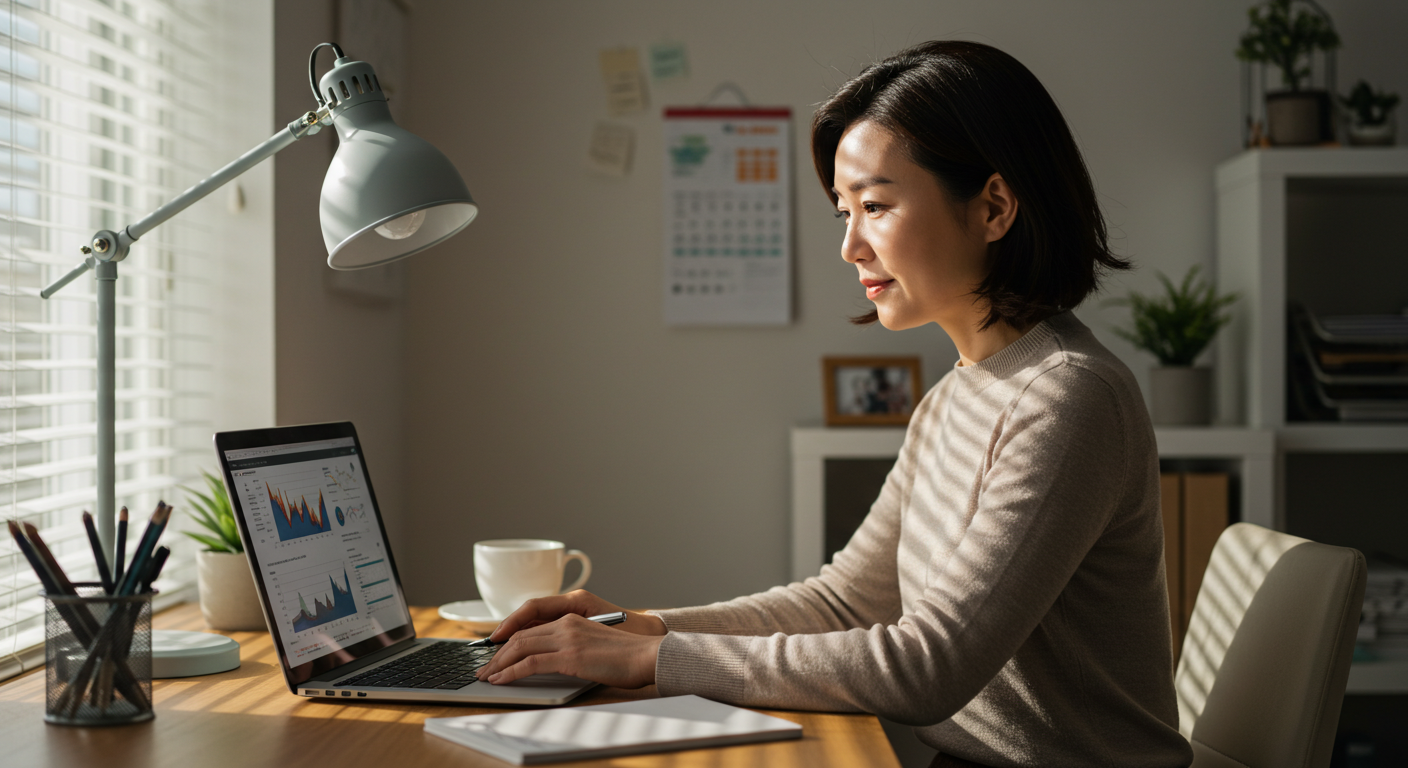 alt="블로그 유입 데이터를 분석하는 여성의 모습"