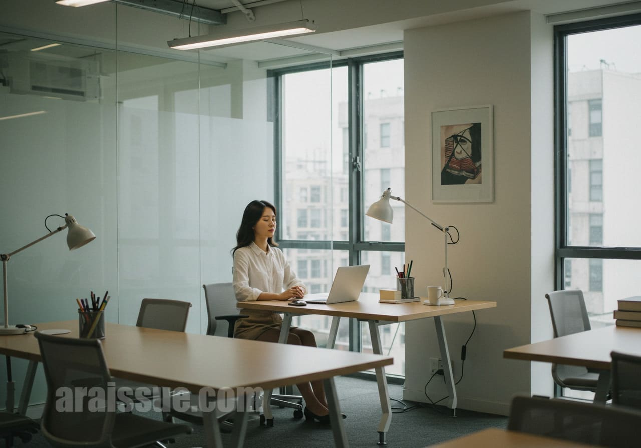 사무실에서 명상하는 한국 여성, 집중과 스트레스 관리에 도움을 주는 환경