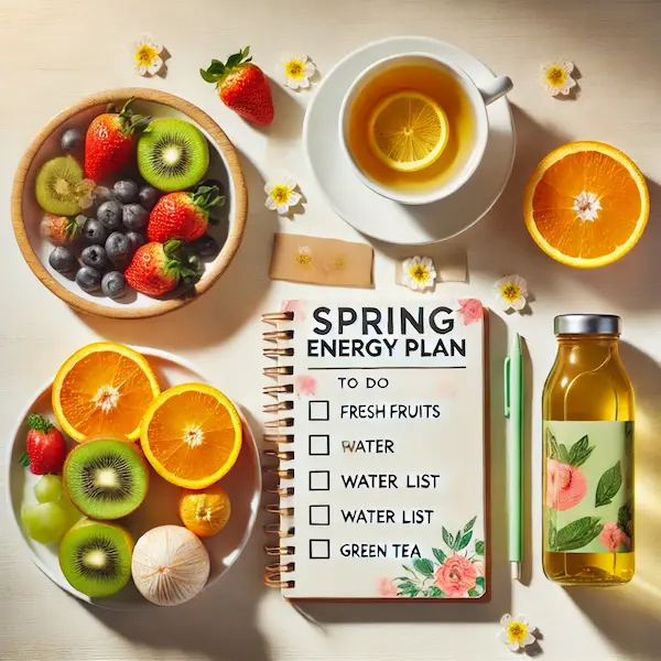 봄철 에너지 충전을 위한 과일, 물병, 녹차가 배치된 스튜디오컷