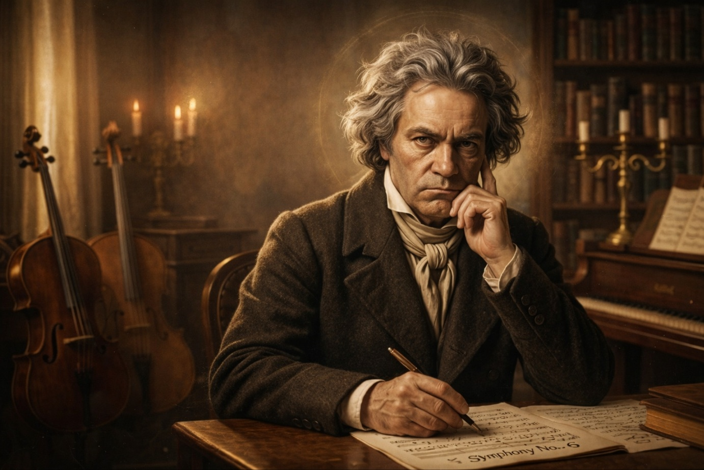 악상을 떠 올리기에 골몰하고 있는 베토벤의 얼굴 모습