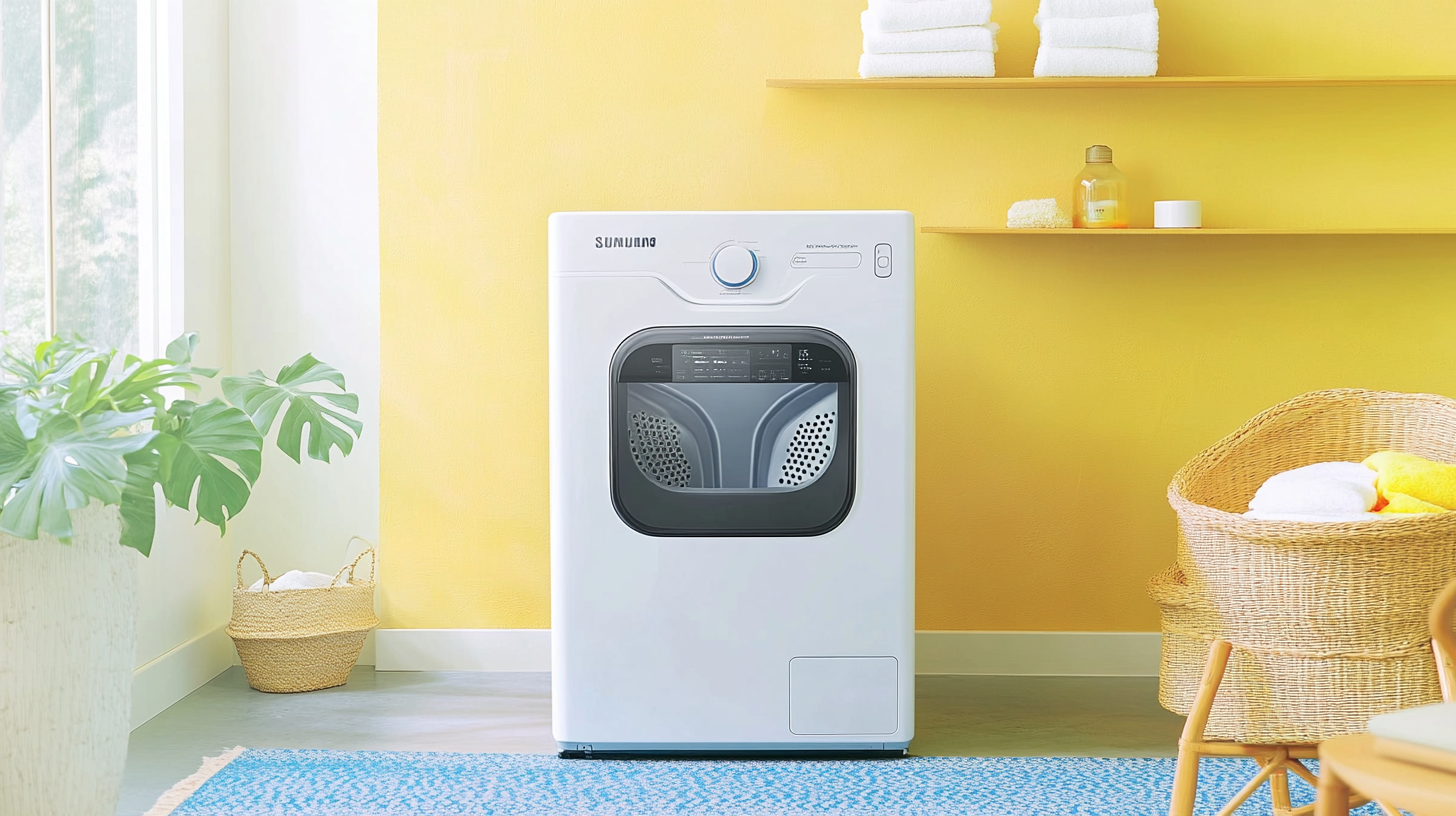 최신 AI 기능을 시연하는 삼성 그랑데 세탁기가 있는 세련되고 미니멀한 세탁실의 모습. 자연스럽고 아늑한 조명이 비추는 현대적이고 세련된 디자인.