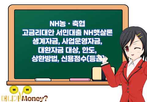 NH농ㆍ축협 고금리대안 서민대출 NH햇살론 생계자금, 사업운영자금, 대환자금 대상, 한도, 상환방법, 필요서류