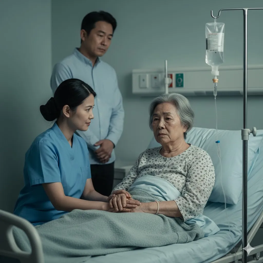 조용한 병실에서 링거를 맞으며 지쳐 보이는 노인의 모습을 그립니다. 침대 옆에는 보호자나 의료진이 돌보고 있는 모습이 흐릿하게 보일 수 있습니다. 차분하고 진지한 색감을 사용하고, 노인의 얼굴에는 피로감과 함께 작은 근심이 비치는 표정을 담아냅니다. 이는 고령층 독감의 심각성을 부각합니다.