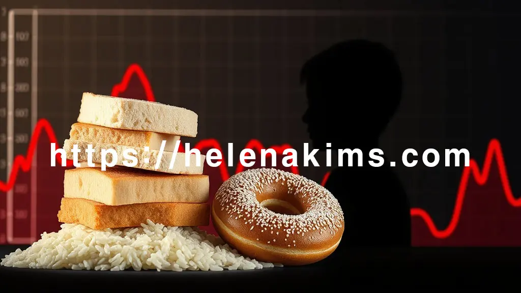 혈당 스파이크 그래프가 치솟는 배경 위에 흰 빵, 흰쌀밥, 설탕이 뿌려진 도넛 등 정제 탄수화물 음식들이 위태롭게 쌓여 있습니다. 이 음식들에서 검은 그림자 같은 형체가 뻗어 나와 건강하고 활기찬 피부를 지닌 젊은 사람의 실루엣을 서서히 덮치며 생기를 앗아가는 모습.