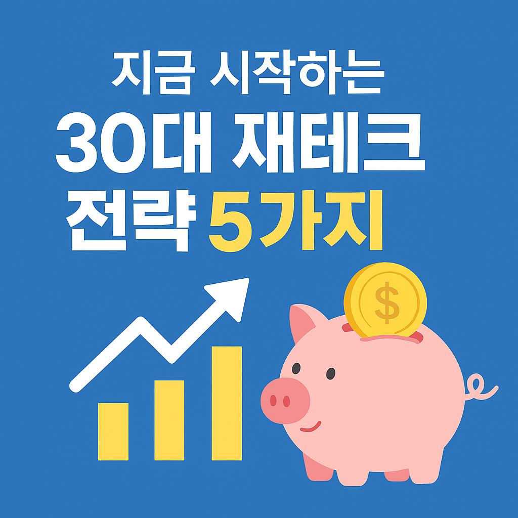 지금 시작하는 30대 재테크 전략 5가지 문구와 돼지저금통, 상승 그래프가 함께 있는 썸네일 이미지