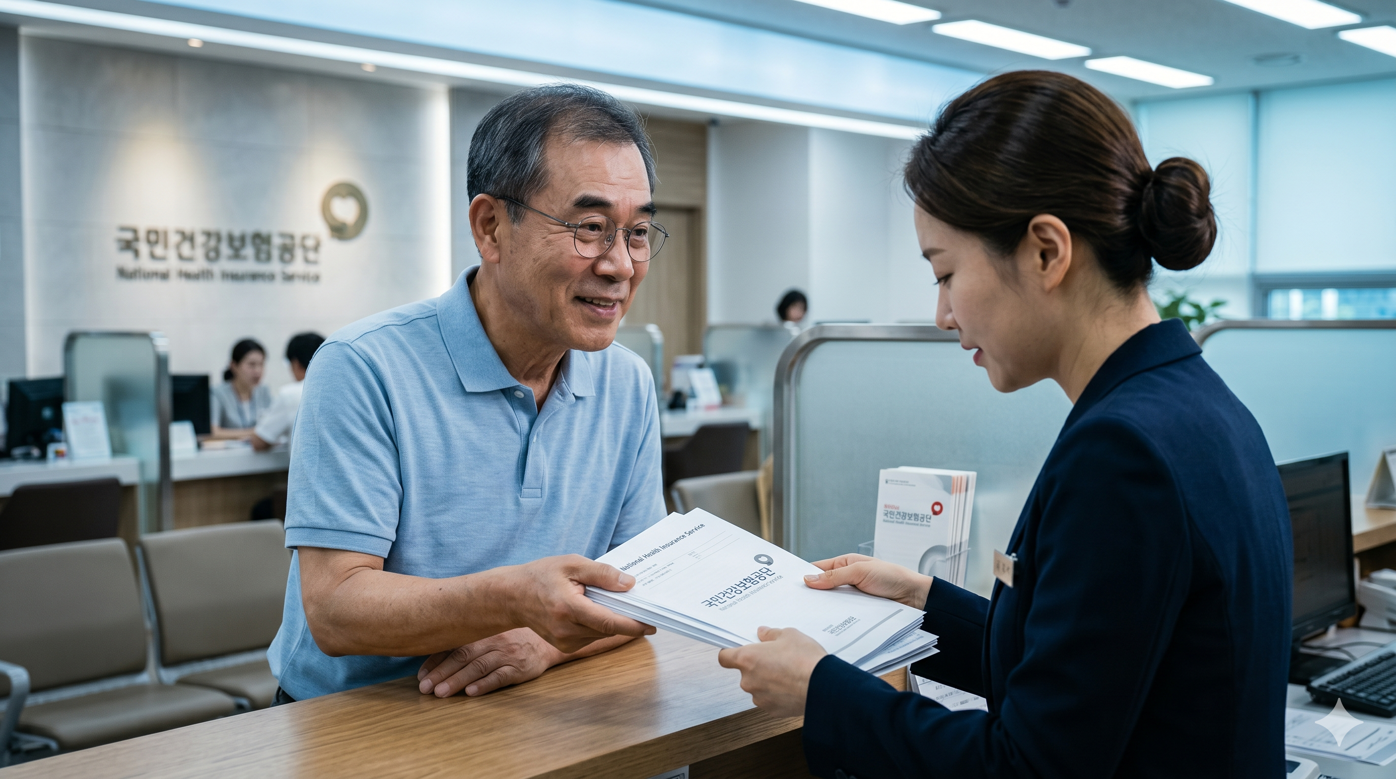 임의계속가입 신청서를 건강보험공단 창구에 제출하며 퇴직 후 건강보험료 폭탄을 합법적으로 방어하는 은퇴자의 실행 장면 &mdash; 신청 기한과 절차를 정확히 알고 움직인 결과를 시각적으로 전달
