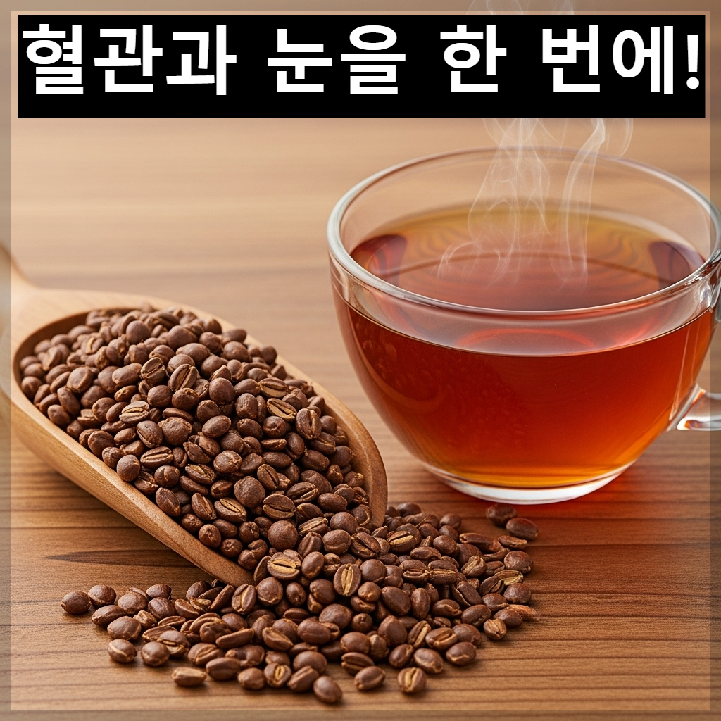 혈관 및 눈 건강에 도움을 주는 갈색의 볶은 결명자와 따뜻하게 우려낸 결명자차 이미지