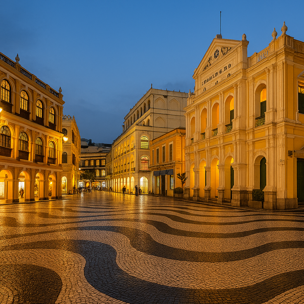 마카오 세나도 광장의 야경과 포르투갈풍 건물 전경