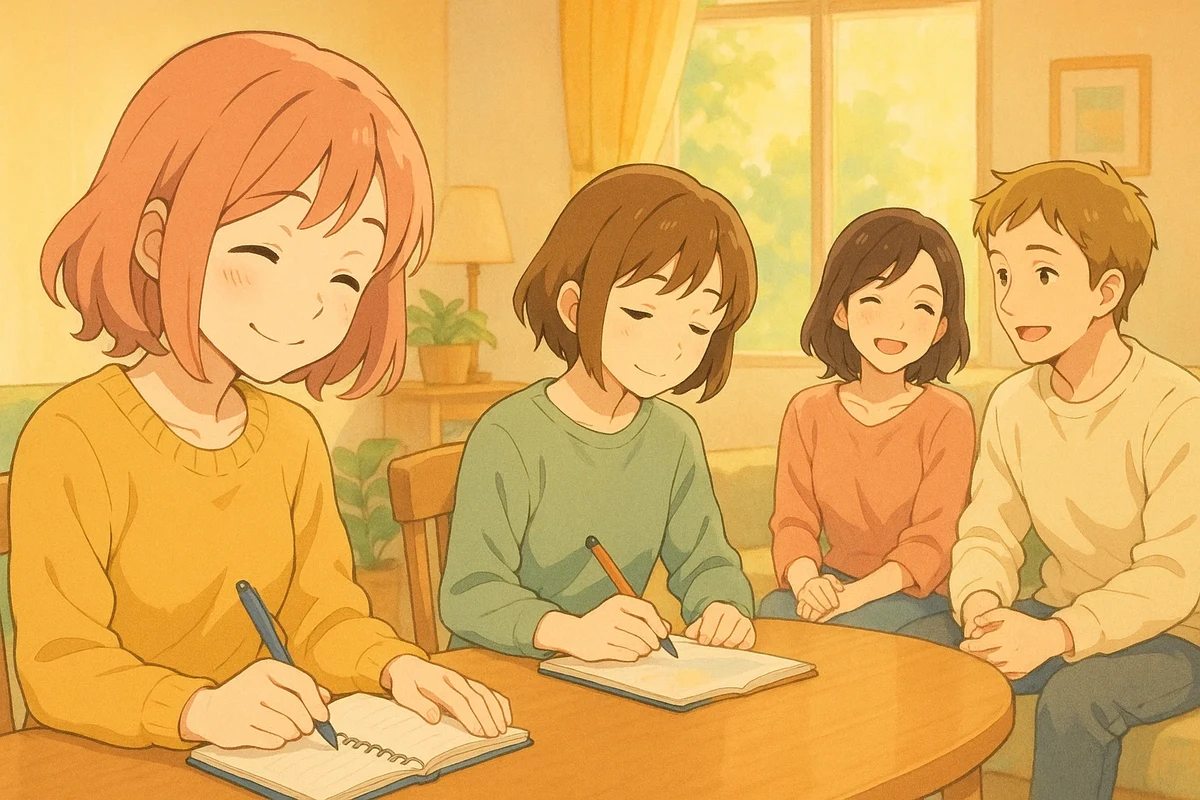 긍정심리학 루틴(감사일기, 몰입, 관계 맺기)으로 행복감을 느끼는 사람들 일러스트