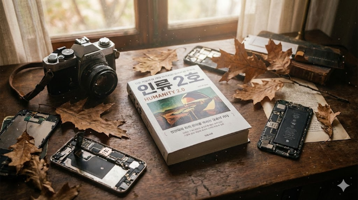 몽환적인 분위기의 서재 책상 위, 중앙에 책 『인류 2호』가 놓여 있고 그 주변으로 낡은 필름 카메라, 떡갈나무 잎사귀, 그리고 최신형 스마트폰의 회로 기판이 묘하게 얽혀 있는 오브제 사진.