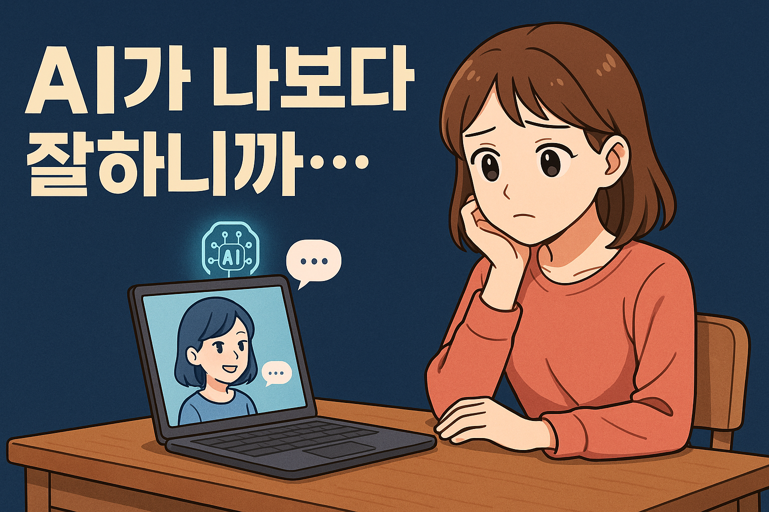 AI가 나보다 잘하니까?라고 표현한 모습의 일러스트