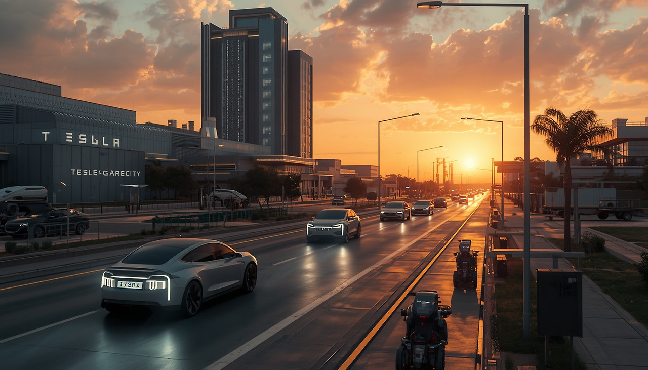 Futuristic sci-fi mega-city semiconductor manufacturing plant with autonomous vehicles and humanoid robots in Texas at sunset.