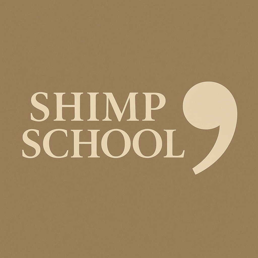 “SHIMP SCHOOL 공식 로고 – 쉼표 형상의 심볼과 세리프 타입 로고 디자인”