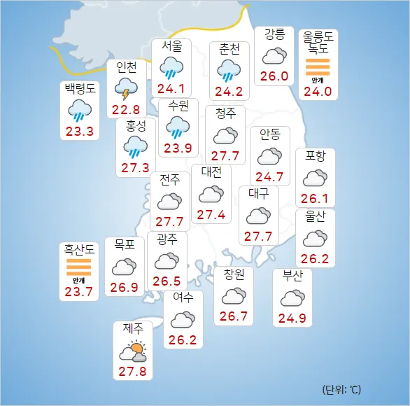 날씨예보 2024년 07월 18일 목요일 06시 기상청 발표