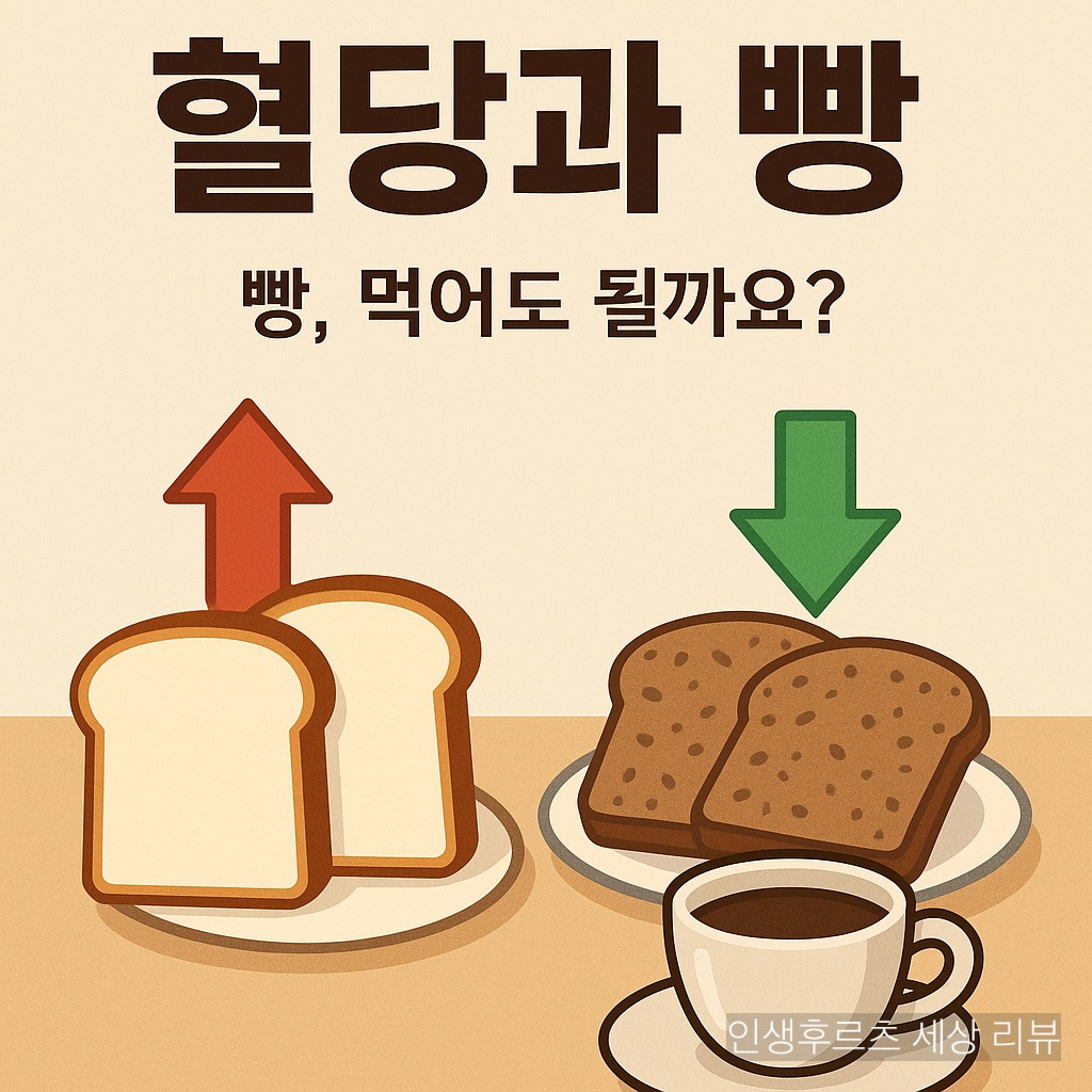 한쪽에는 흰 식빵, 다른 쪽에는 통곡물빵이 담긴 접시가 놓여 있고 가운데에는 커피잔이 있는 따뜻한 아침 식사 일러스트. 흰 식빵은 혈당을 빠르게 올리는 느낌, 통곡물빵은 건강한 이미지를 표현한 그림.