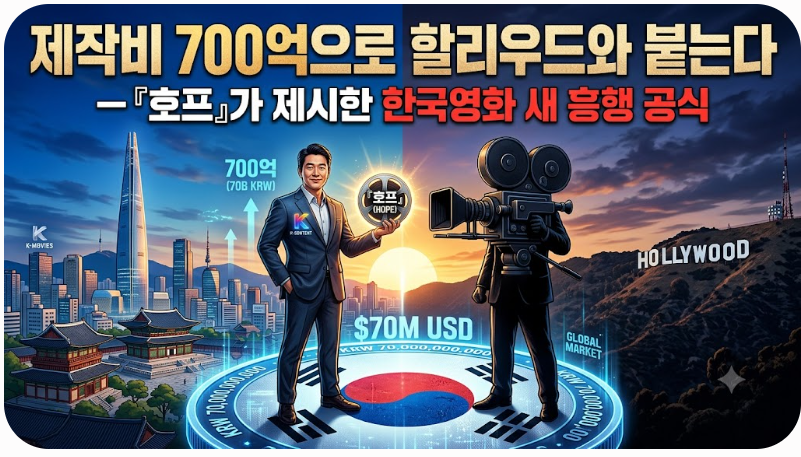 한국 영화 700억 제작비 투자를 상징하는 거대한 동전 위에서 수트를 입은 남성이 한국 콘텐츠 로고가 새겨진 메달을 들고 있고, 그 맞은편에 대형 카메라 헤드를 가진 인물이 마주 서 있는 대치 구도입니다. 배경은 현대적인 서울 도심과 할리우드 언덕이 대칭으로 배치되어 있습니다.
