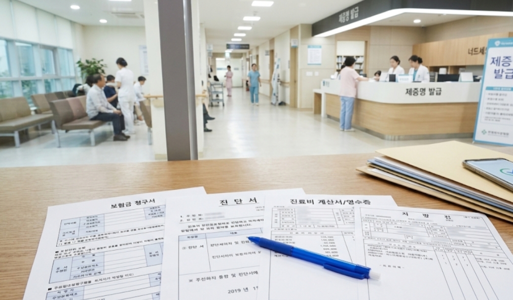병원 제증명 발급 창구 전경과 책상 위에 놓인 보험금 청구서, 진단서, 진료비 계산서 서류 사진