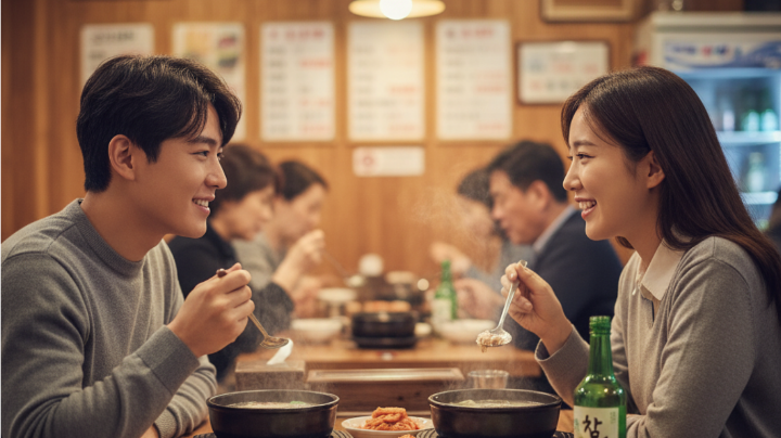 부산의 유명 돼지국밥 식당에서 식사하고 있는 커플