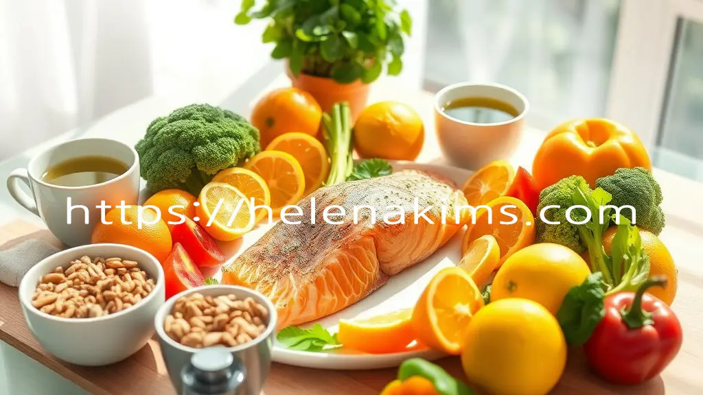 식탁 위에 연어 스테이크, 오렌지, 레몬, 브로콜리, 파르리카, 견과류, 녹차 등이 놓여 있는 이미지.