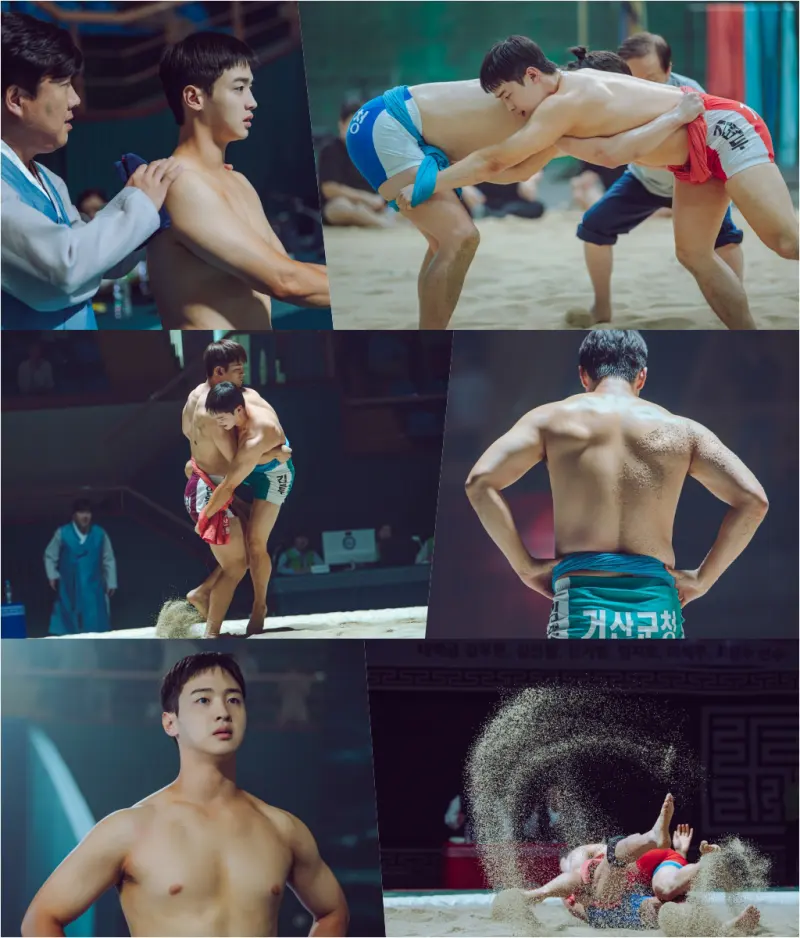 배우들이 씨름 경기를 펼치고 있는 드라마 '모래에도 꽃이 핀다' 주요 장면