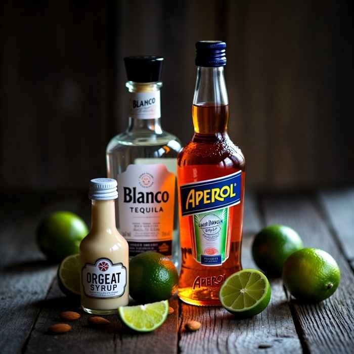 데드맨 핸들 재료 - 테킬라, 아페롤, 오르쟈 시럽과 라임