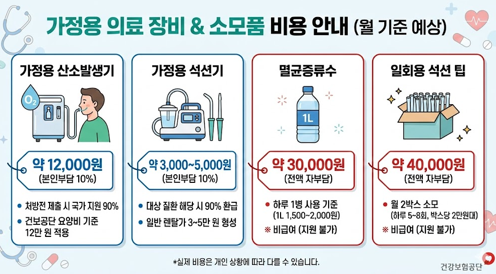 가정용 산소발생기&middot;석션기 대여료와 멸균증류수&middot;석션팁 등 월별 소모품 실제 부담 비용 안내