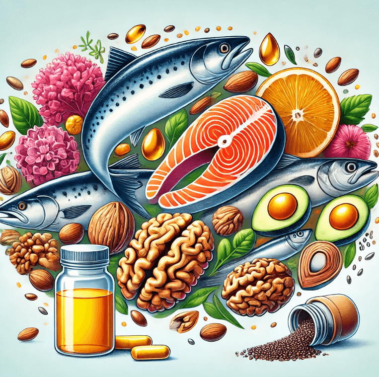 연어 , 고등어 , 정어리 , 아마씨 , 치아씨드 , 호두 등 오메가 3 가 풍부한 음식과 어유 캡슐 한 병을 담은 그림