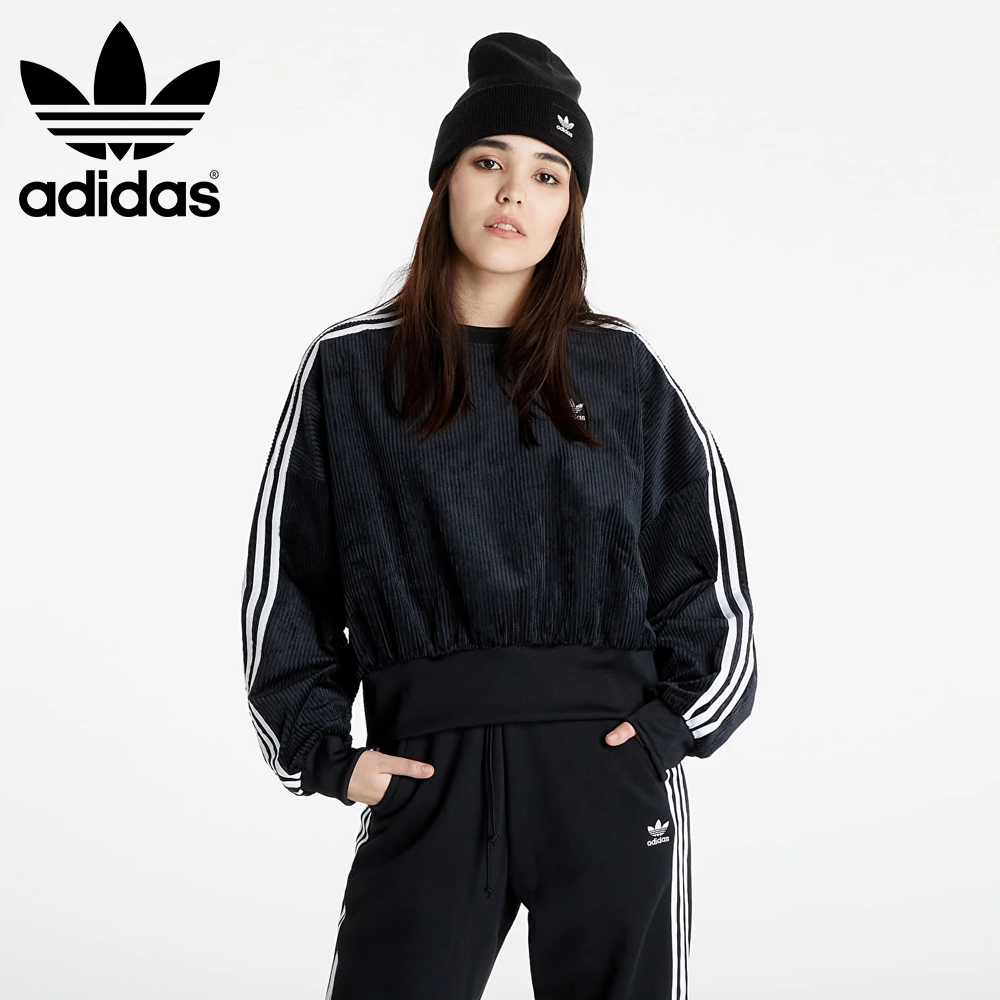 아디다스 코듀로이 벨벳 오버사이즈 크롭 맨투맨 블랙