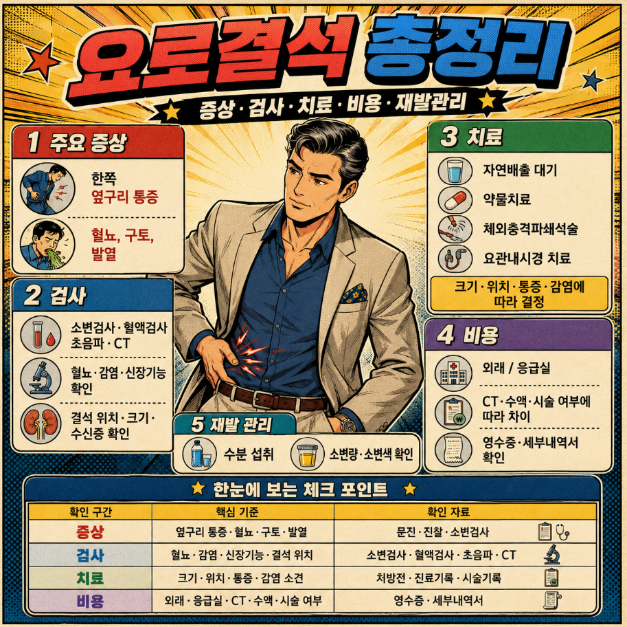 댄디한 중년 남성이 등장하는 옛날 만화 스타일 요로결석 총정리 인포그래픽으로, 증상&middot;검사&middot;치료&middot;비용&middot;재발 관리 기준을 한눈에 정리한 이미지