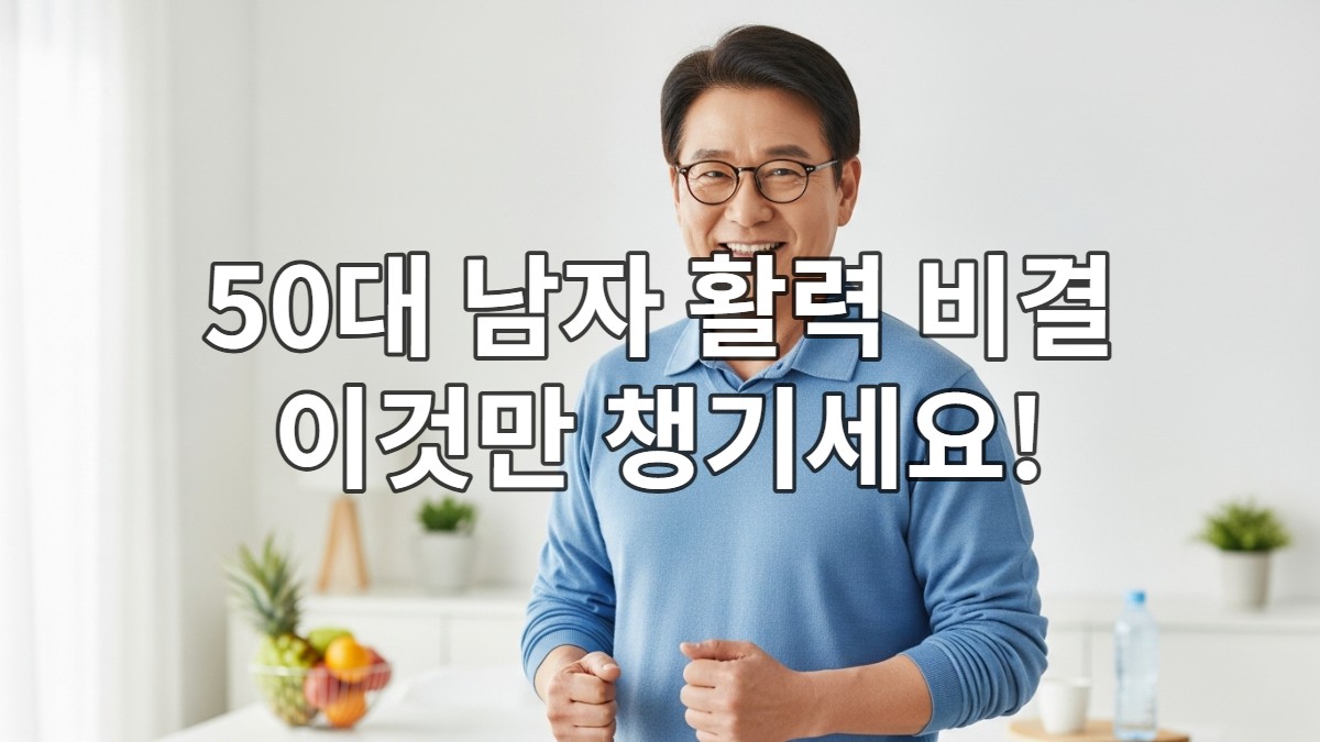 활력 넘치고 건강해 보이는 50대 한국 남성이 미소를 지으며 활기찬 모습을 보여주고 있습니다. 배경에는 신선한 과일이나 건강한 생활을 연상시키는 소품들이 희미하게 보입니다. 50대 남성 건강 관리를 상징하는 이미지입니다.
