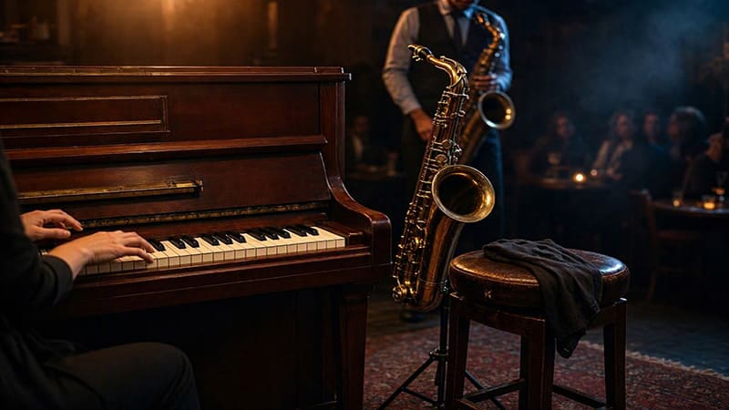<img src=”jazz-music-history-guide.jpg” alt=” 피아노와 색소폰이 어우러진 재즈 음악의 분위기를 표현한 이미지”>