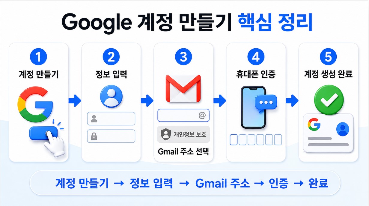 계정 만들기 → 정보 입력 → Gmail 주소 → 인증 → 완료 요약 이미지