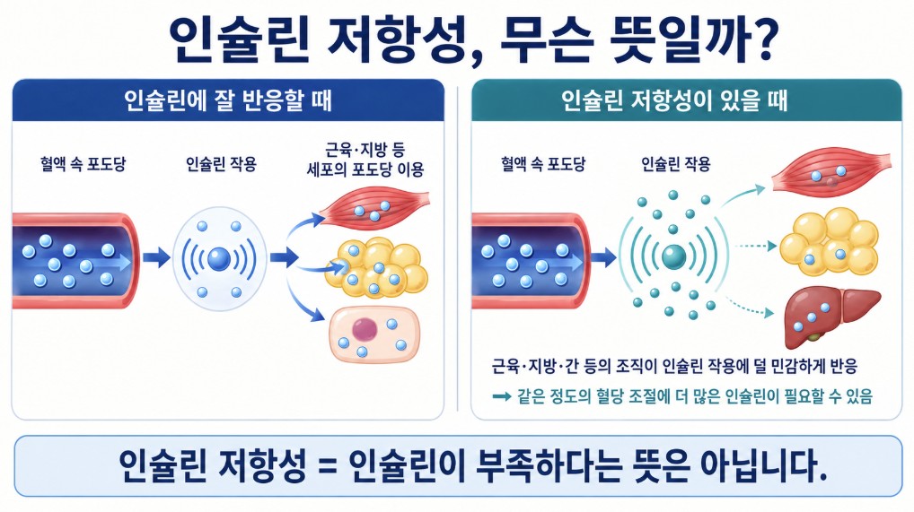 인슐린 저항성에서 근육 지방 간 등의 조직이 인슐린 작용에 덜 민감하게 반응하는 원리를 설명한 그림