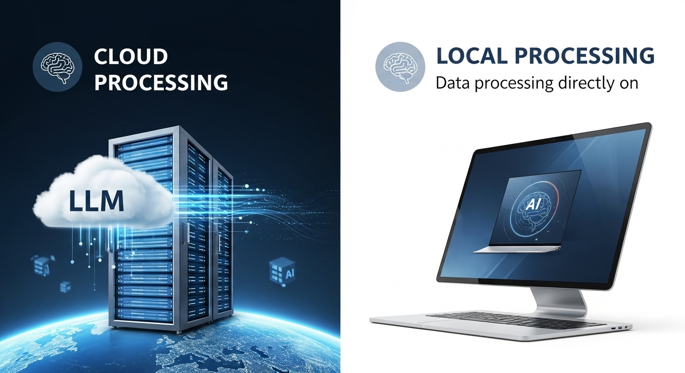 LLM의 클라우드 기반 대규모 처리와 SLM의 개인 PC 기반 로컬 처리 방식을 시각적으로 비교하는 인포그래픽.