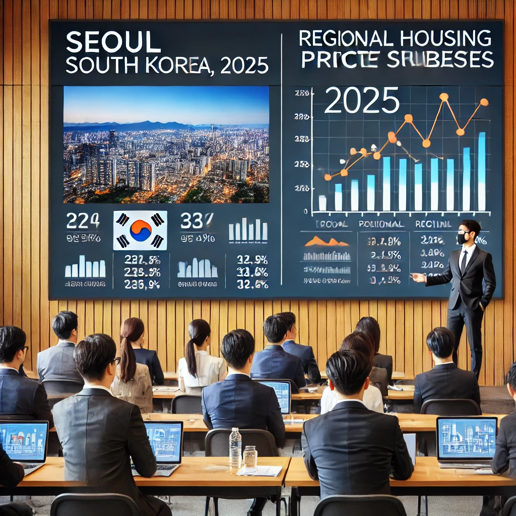 부동산 투자 세미나에서 전문가들이 서울과 지방 부동산 시장 데이터를 비교하며 투자 기회를 분석하는 모습.