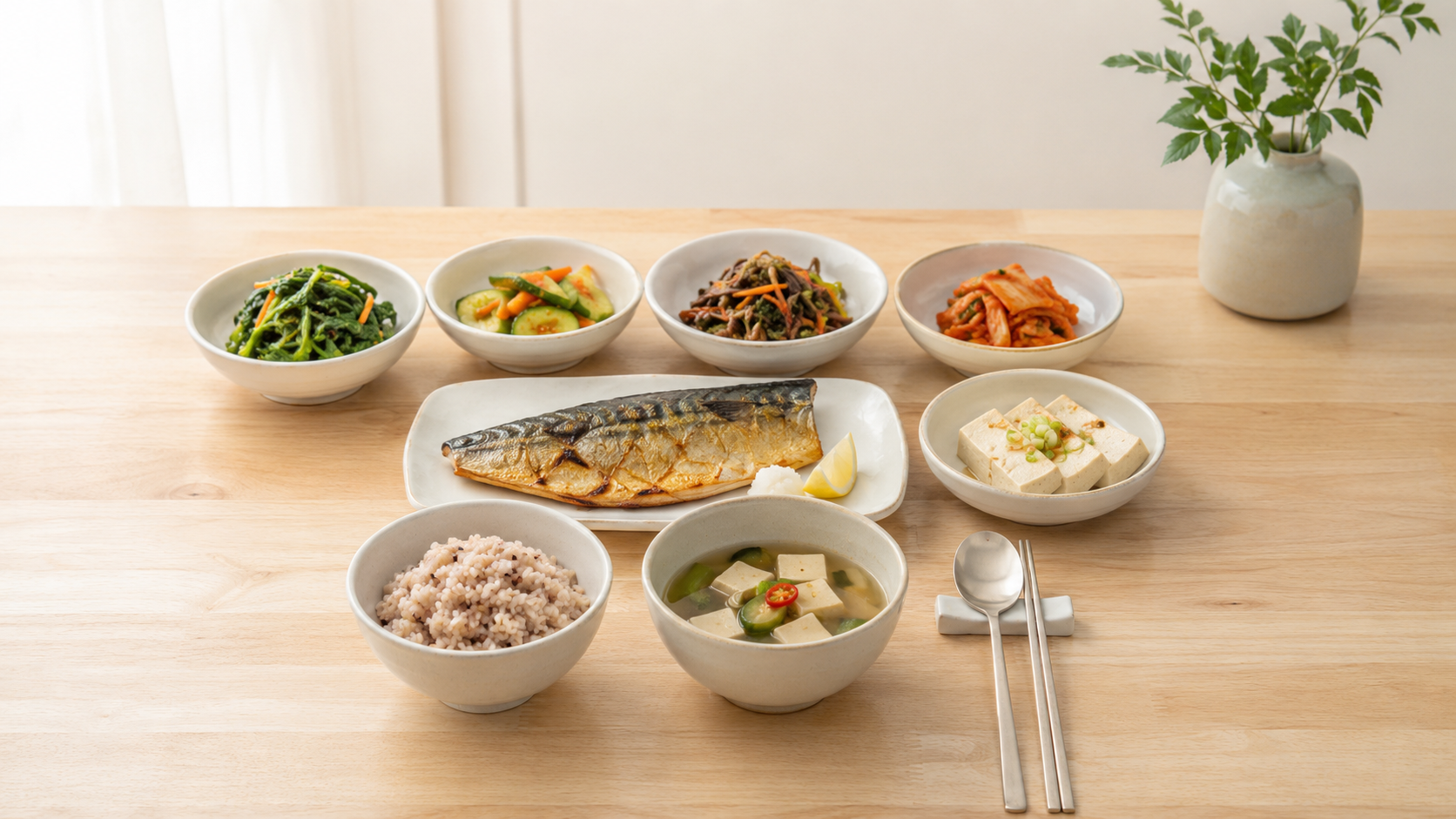 채소 반찬과 구운 생선 반찬이 있는 잡곡밥 한국식 상차림