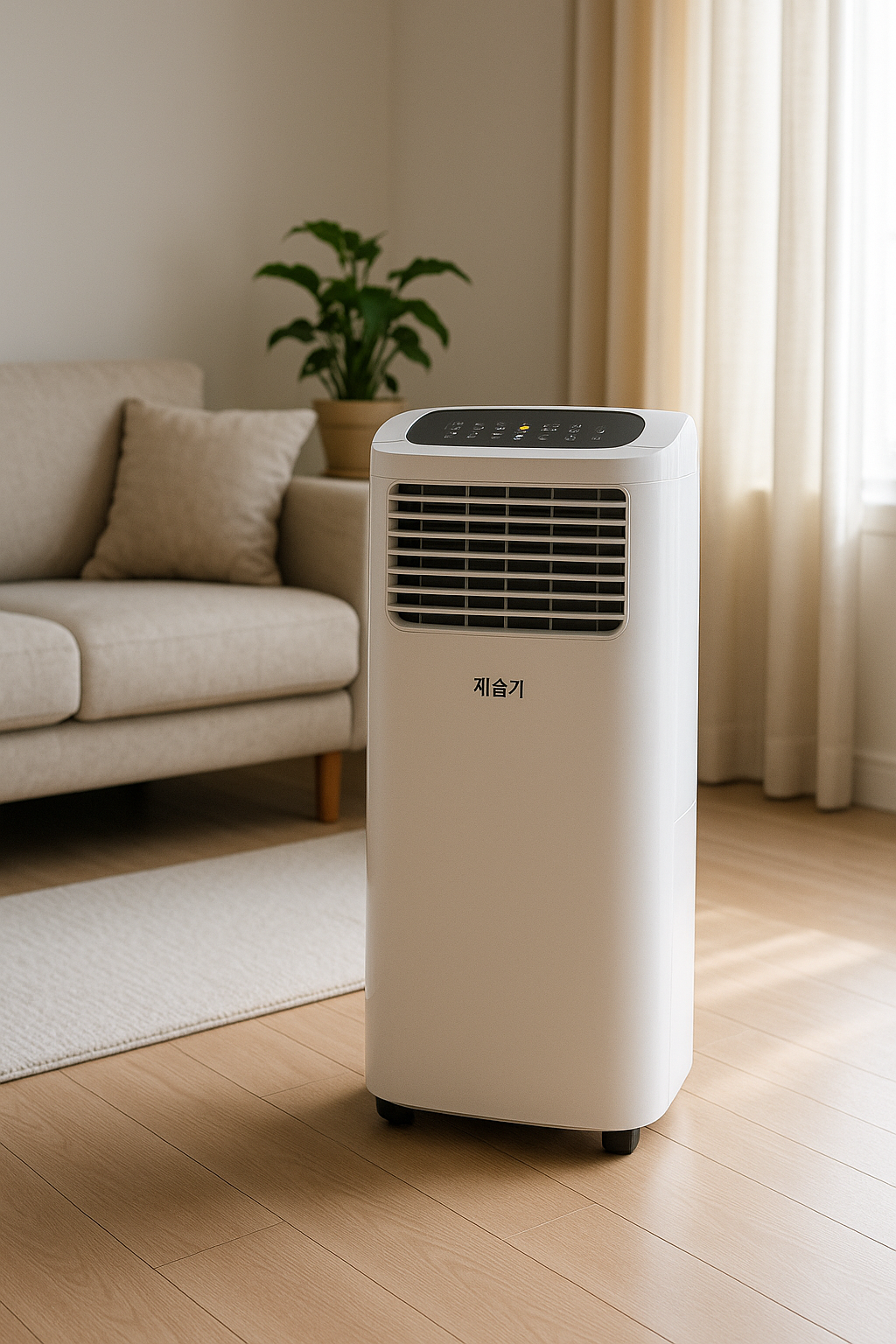 실내 거실에서 가동 중인 스탠드형 제습기 모습