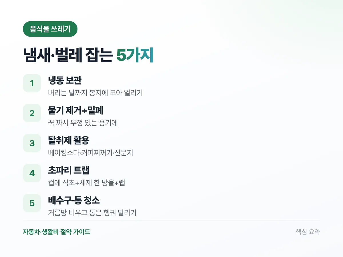 음식물 쓰레기 냄새·벌레 잡는 5가지 요약 인포그래픽: 냉동 보관, 물기 제거·밀폐, 탈취제, 초파리 트랩, 배수구 청소