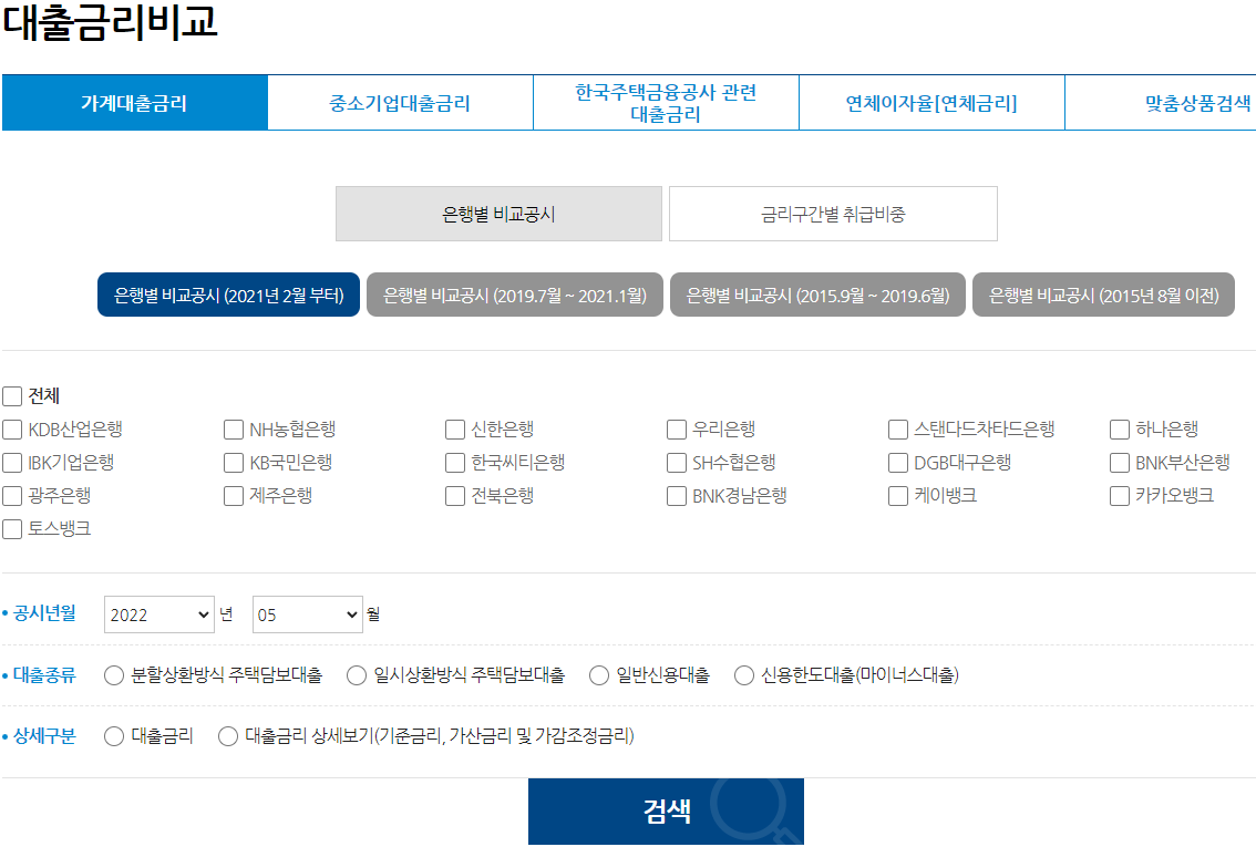 은행중앙회 대출 금리 비교