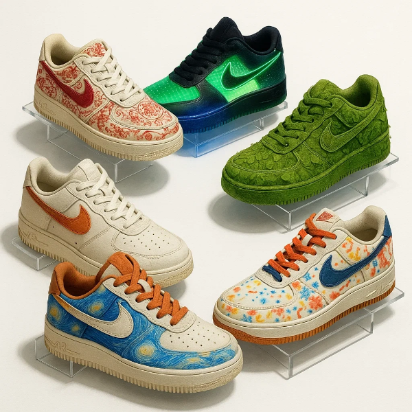 다양한 예술 스타일로 커스터마이징된 스니커즈 여섯 켤레가 투명 받침대 위에 전시된 모습으로, 고흐의 별이 빛나는 밤, 전통 문양, 형광 네온, 꽃무늬 등 독창적인 디자인이 돋보이는 이미지