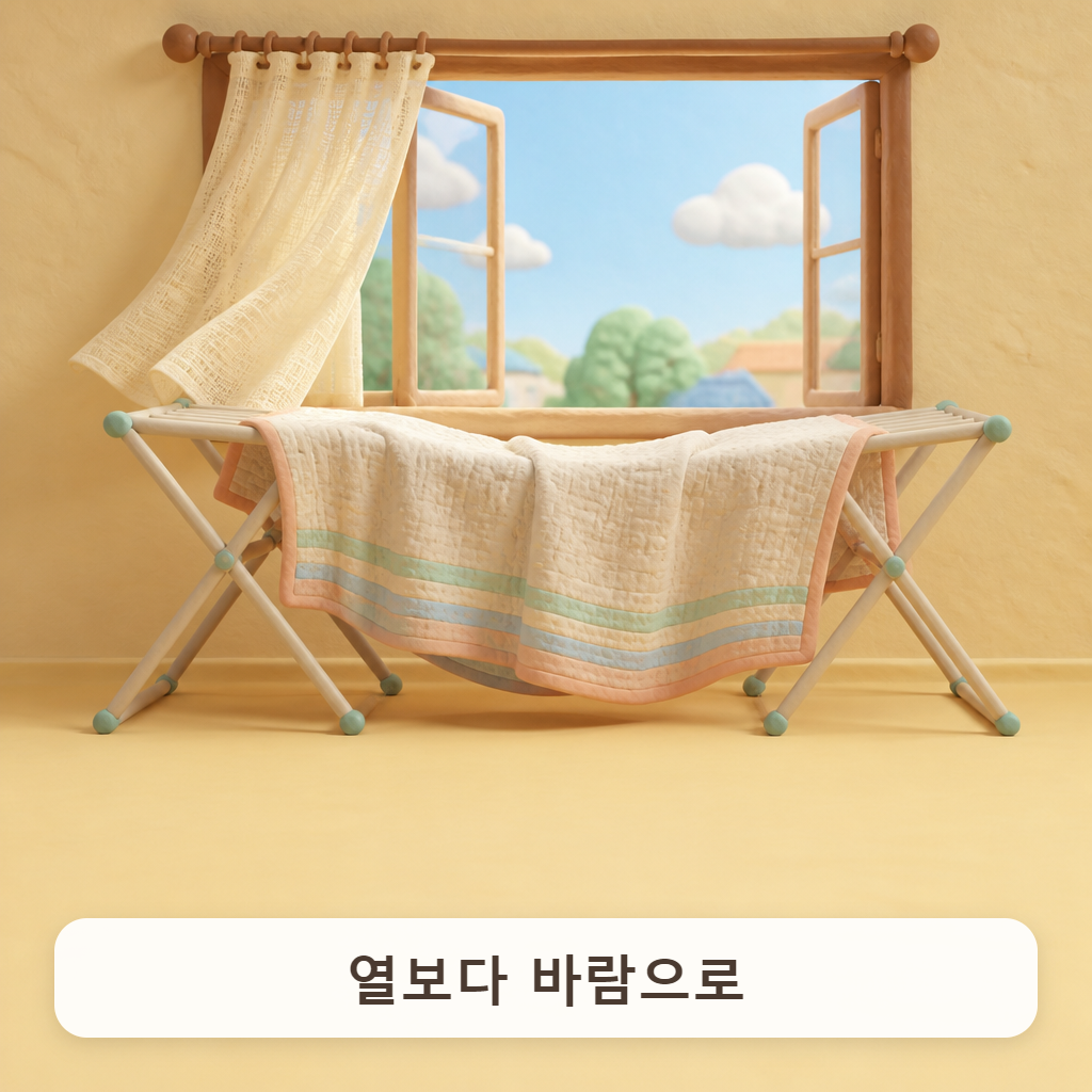 거실 창가에 건조대 두 개를 붙여 걸쳐 둔 이불