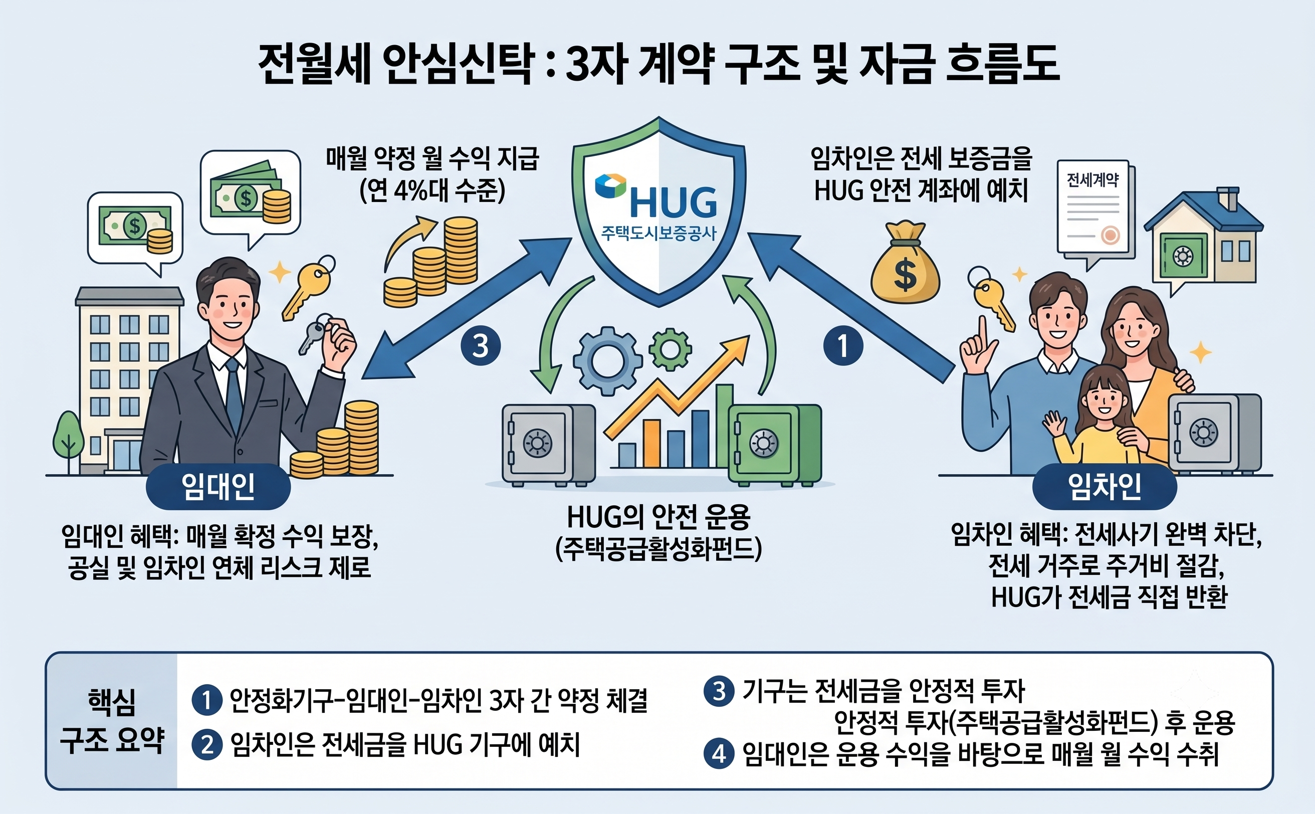 HUG 주택도시보증공사가 중앙에서 임대인과 임차인의 3자 계약과 자금 흐름을 중개 및 보증하는 '전월세 안심신탁' 인포그래픽입니다. 임차인은 HUG에 전세 보증금을 예치해 사기 걱정 없이 주거비를 절감하고, HUG는 이 자금을 주택공급활성화펀드로 안전하게 운용해 임대인에게 매월 약정 수익(연 4%대)을 보장합니다.