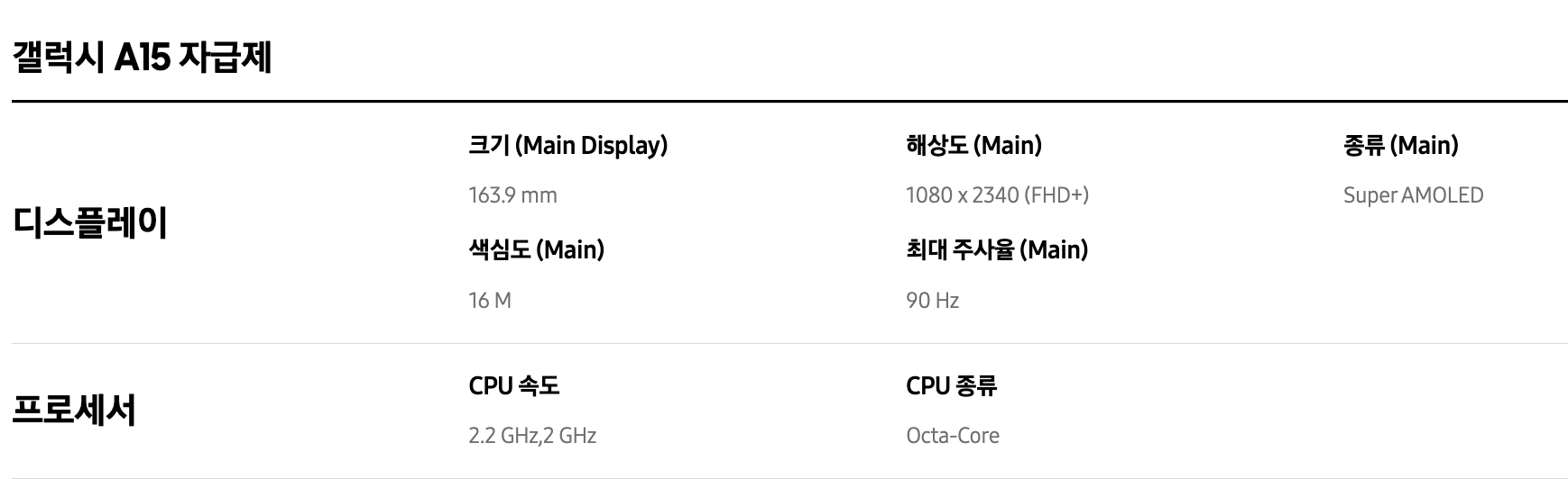 갤럭시 폰 a15 스팩