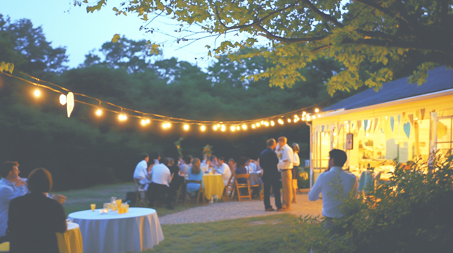 평화로운 저녁 배경에서 손님들이 즐겁게 대화하는 모습. 조용한 작동을 강조하는 삼성 세탁기의 특징을 보여주는 장면. 부드러운 저녁 조명.