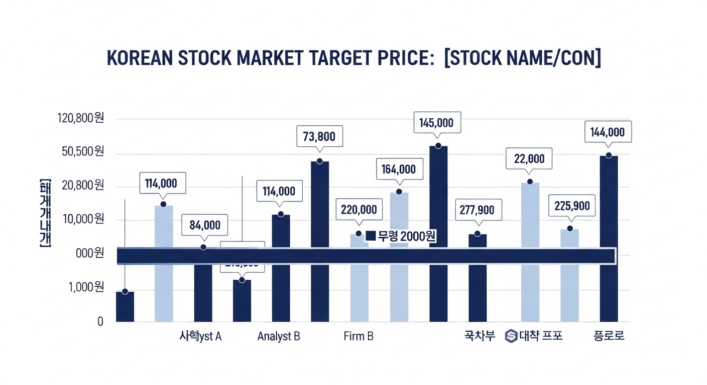 Clean financial data visualization, stock target price comparison chart, navy blue and white color scheme, Korean stock market analysis infographic style, multiple analyst target prices displayed,
