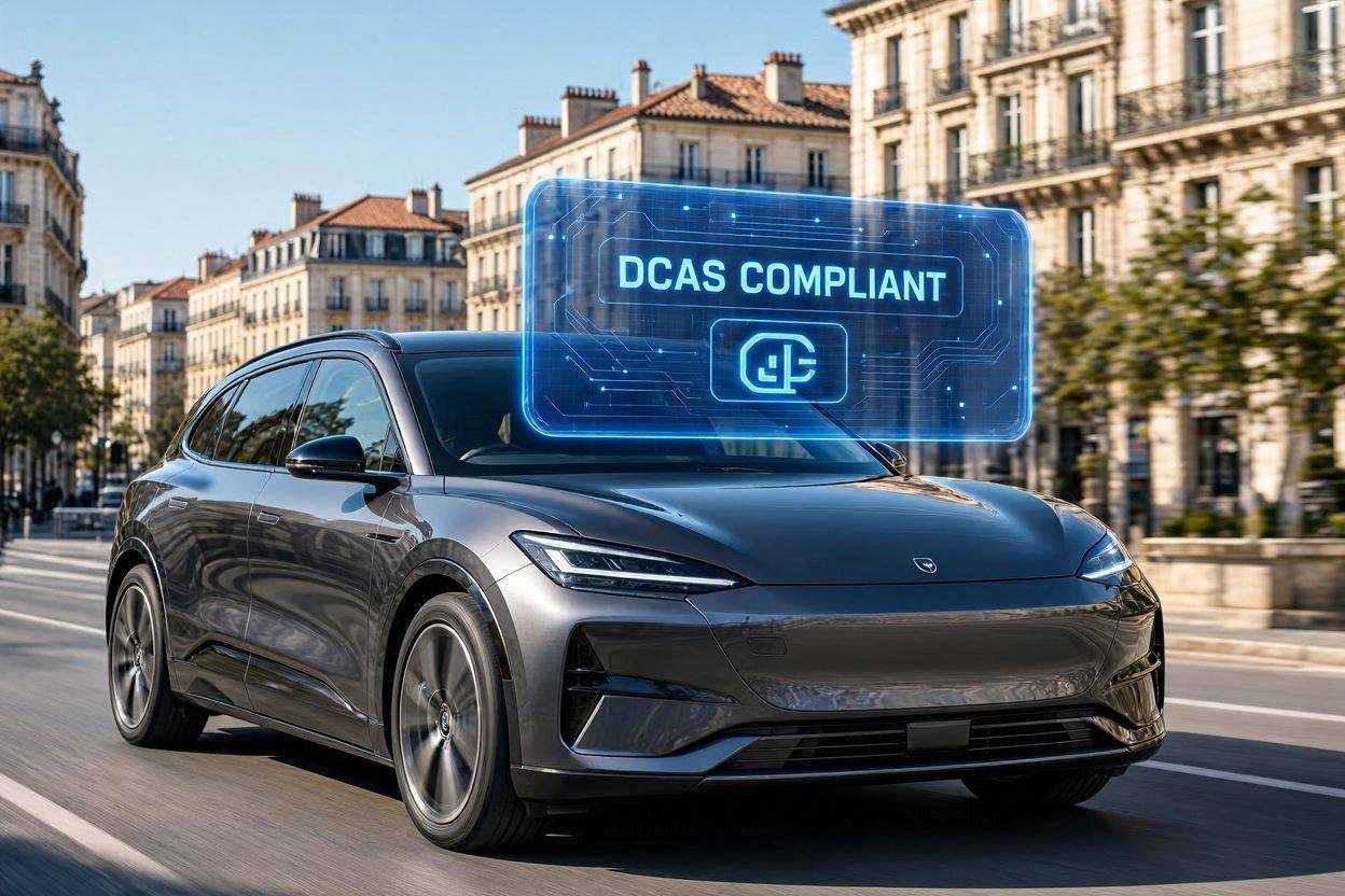 Image of the Xpeng L03 electric vehicle, which obtained DCAS certification, an international safety regulation, while driving in a European city center.
