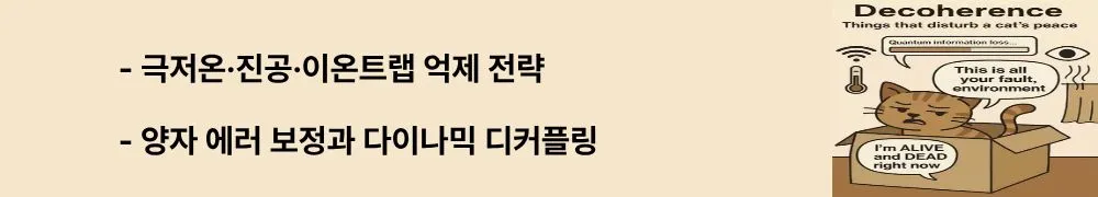 디코히런스: &lsquo;극저온&middot;진공&middot;이온트랩 억제 전략&rsquo;, &lsquo;양자 에러 보정과 다이나믹 디커플링&rsquo;이라는 문구가 포함된 웹배너 이미지. 이 이미지는 디코히런스를 줄이기 위한 기술적 시도를 시각적으로 전달하며, 블로그의 디코히런스 주제와 관련된 내용을 설명함 (quantum error correction, decoherence suppression).