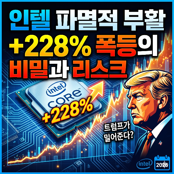 올해 들어 주가가 +228% 폭등하며 대반전을 이룬 인텔의 부활 스토리를 소개하는 블로그 썸네일 이미지