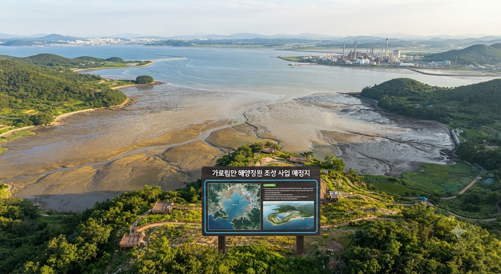 서산 가로림만 해양정원 조성 사업 예정지의 광활한 갯벌과 해안선 항공 실사