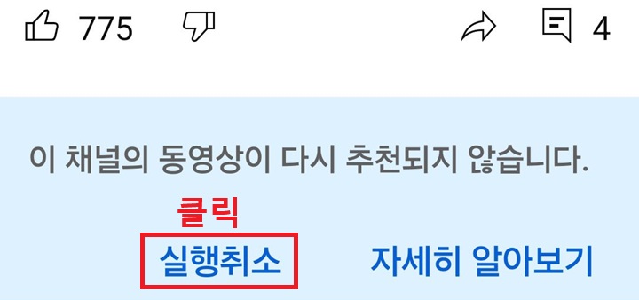 화면에 이 채널의 동영상이 다시 추천되지 않습니다라는 글자 보임 그아래에 실행취소라고 있음